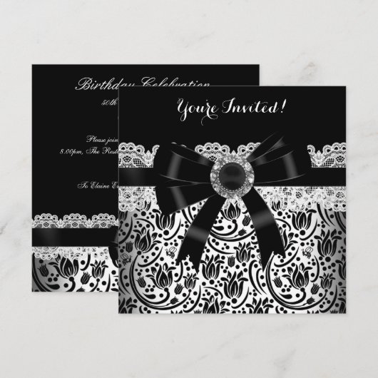 Elegant Black White Damask Jewel Birthday Party Kaart (Voorkant / Achterkant)