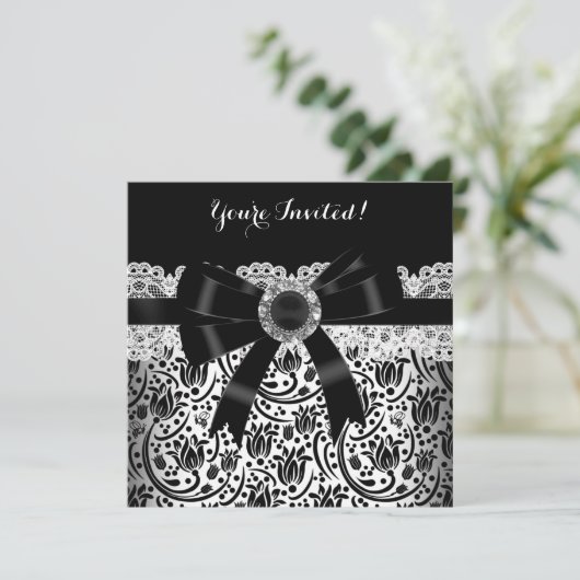 Elegant Black White Damask Jewel Birthday Party Kaart (Staand voorkant)