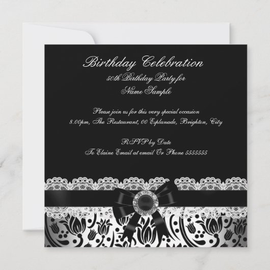 Elegant Black White Damask Jewel Birthday Party Kaart (Achterkant)