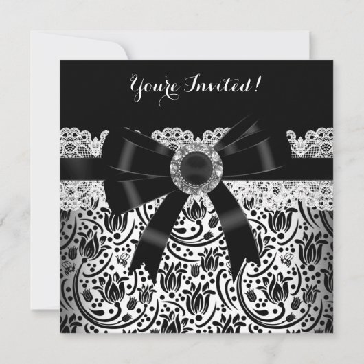 Elegant Black White Damask Jewel Birthday Party Kaart (Voorkant)