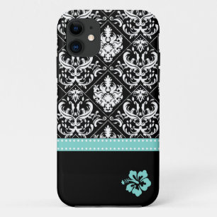 Elegant Black & White Damask met Hibiscus Case-Mate iPhone Case