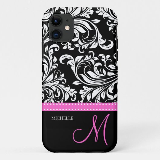 Elegant Black & White Damask Patroon met Monogram Case-Mate iPhone Case (Achterkant)
