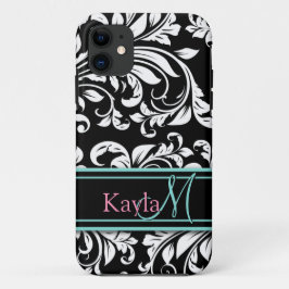 Elegant Black & White Damask Patroon met Monogram iPhone 11 Hoesje