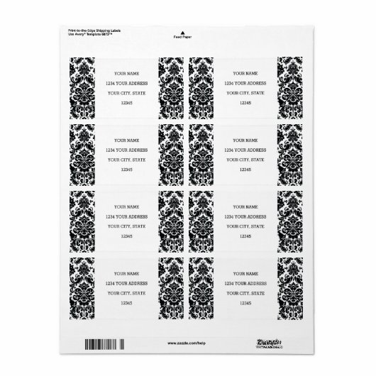 Elegant Black White  Damask Pattern Etiket (Full Sheet)