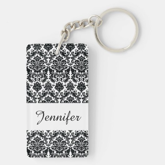 Elegant Black White Damask Pattern Sleutelhanger (achterkant)