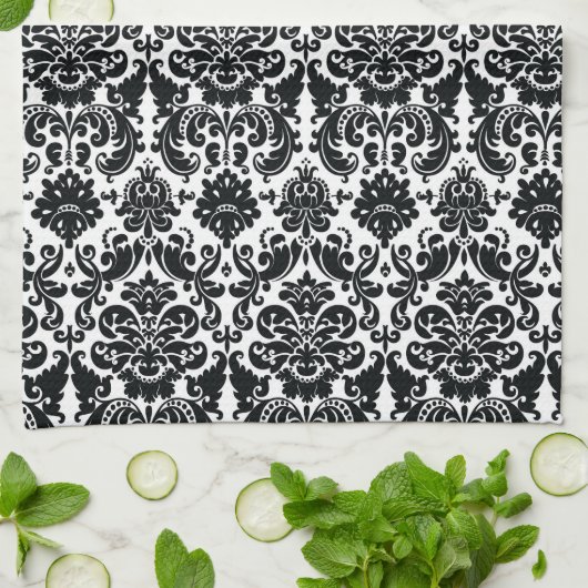 Elegant Black White  Damask Pattern Theedoek (Gevouwen)