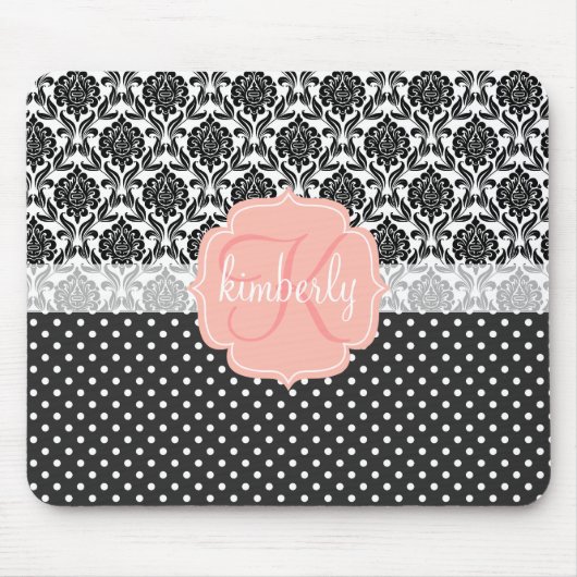 Elegant Black & White Damask Pink Girly Monogram Muismat (Voorkant)