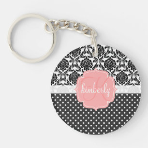 Elegant Black & White Damask Pink Girly Monogram Sleutelhanger