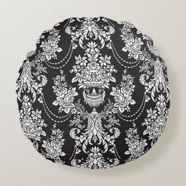 Elegant Black White Damask Rond Kussen (Voorkant)