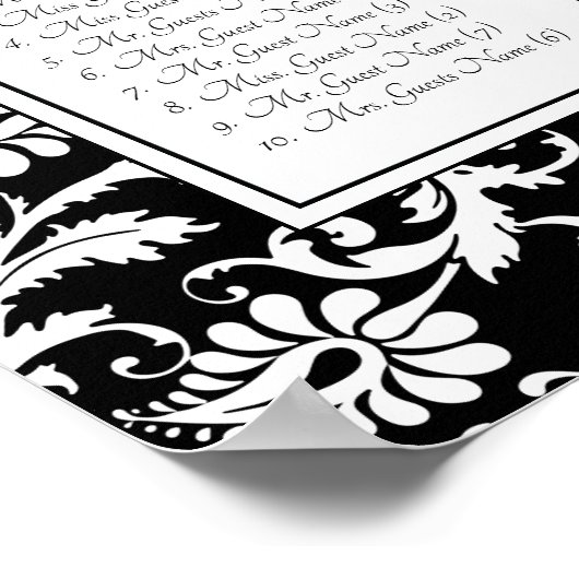 Elegant Black White Damask Wedding Seding Chart Poster (Hoek)