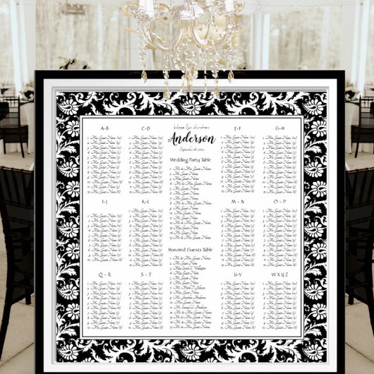 Elegant Black White Damask Wedding Seding Chart Poster