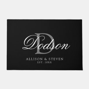 Elegant Black White Date Set Monogram Name Deurmat
