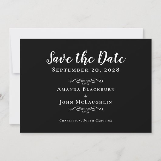Elegant Black White Delicate Romantic Calligraphy Save The Date (Voorkant)