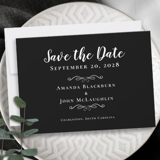 Elegant Black White Delicate Romantic Calligraphy Save The Date
