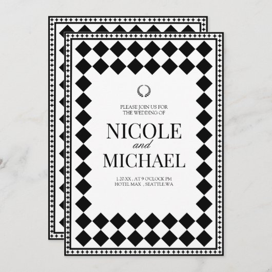 Elegant Black &White Diamond Pattern Wedding Kaart (Voorkant / Achterkant)