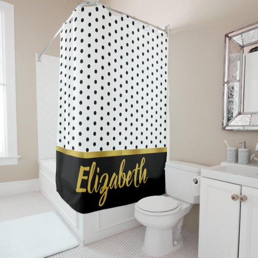 Elegant Black White Dot Pattern Gold Script Name Douchegordijn (In situ)