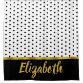 Elegant Black White Dot Pattern Gold Script Name Douchegordijn (Voorkant)