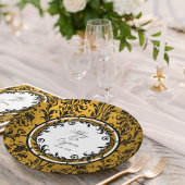 Elegant Black White en Gold Damask Wedding Papieren Bordje