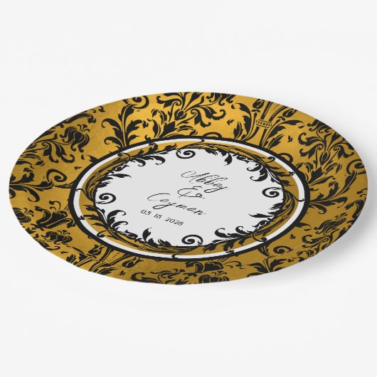 Elegant Black White en Gold Damask Wedding Papieren Bordje (Gekanteld)