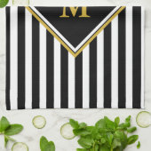 Elegant Black White en Gold Monogram Striped Theedoek (Gevouwen)