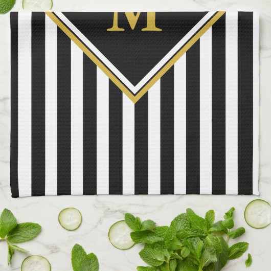 Elegant Black White en Gold Monogram Striped Theedoek (Gevouwen)