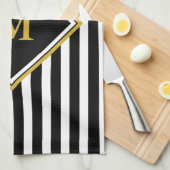 Elegant Black White en Gold Monogram Striped Theedoek (Quarter Fold)