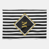 Elegant Black White en Gold Monogram Striped Theedoek (Horizontaal)