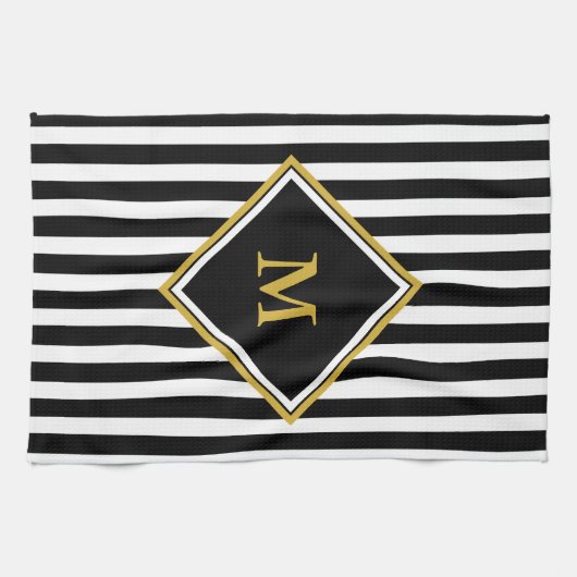 Elegant Black White en Gold Monogram Striped Theedoek (Horizontaal)
