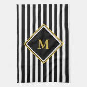 Elegant Black White en Gold Monogram Striped Theedoek (Verticaal)