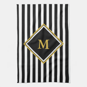 Elegant Black White en Gold Monogram Striped Theedoek