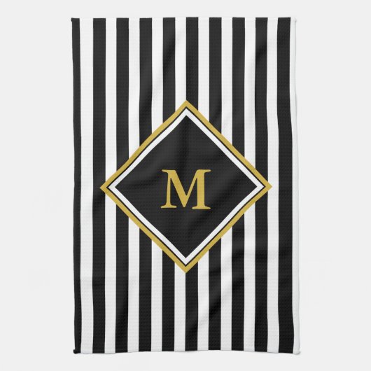 Elegant Black White en Gold Monogram Striped Theedoek (Verticaal)