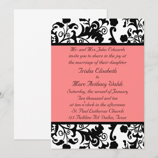 Elegant Black, White en Peach Wedding Invitation Kaart (Voorkant / Achterkant)