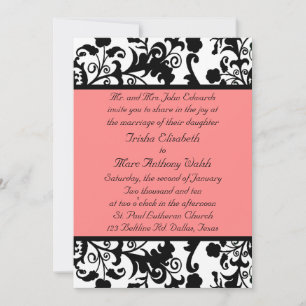 Elegant Black, White en Peach Wedding Invitation Kaart