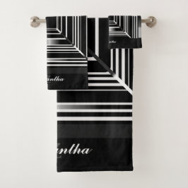 Elegant Black White en Silver Geometric Squares Bad Handdoek