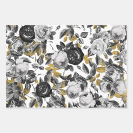 Elegant  Black White English Rozen Floral Inpakpapier Vel