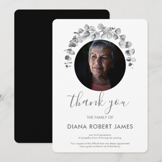 Elegant Black White Eucalyptus Fotosympathie Bedankkaart (Voorkant / Achterkant)
