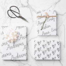Elegant Black White Family Name Heart Kerstmis Wr Inpakpapier Vel