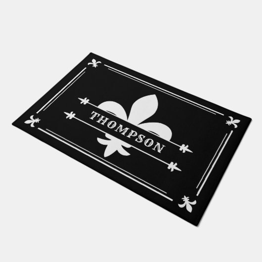 Elegant Black White Fleur de Lis Custom Name Deurmat (Schuin)