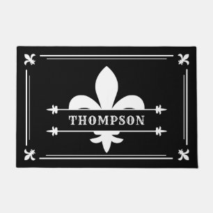 Elegant Black White Fleur de Lis Custom Name Deurmat