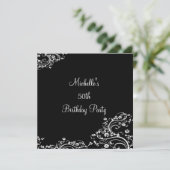 Elegant Black & White Floral 50th Birthday Party Kaart (Staand voorkant)