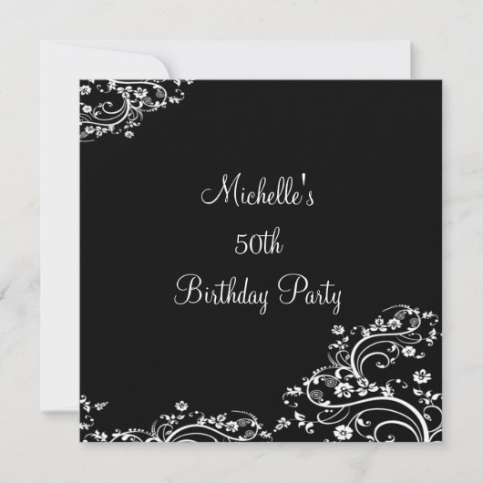 Elegant Black & White Floral 50th Birthday Party Kaart (Voorkant)