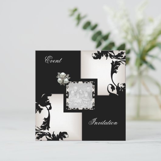Elegant Black White Floral Check Pearl Jewel Kaart (Staand voorkant)