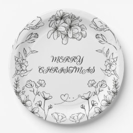 Elegant Black White Floral Christmas Plate Papieren Bordje