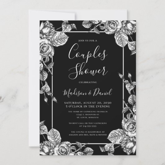 Elegant Black White Floral Couples Shower Kaart (Voorkant)