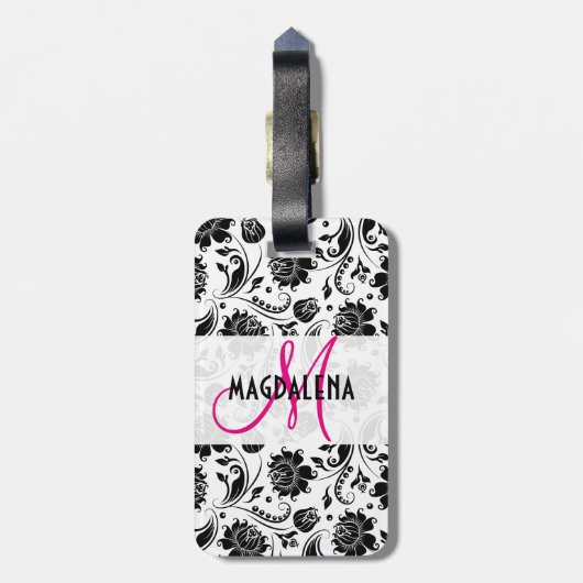 Elegant Black & White Floral Damascus 2 Monogramed Bagagelabel (Achterkant verticaal)