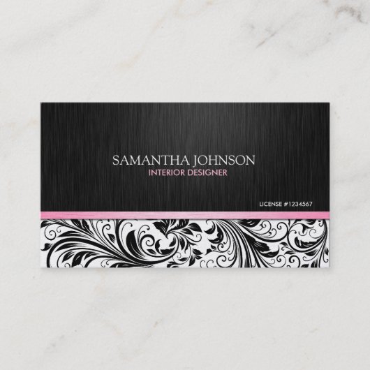 Elegant Black & White Floral Damask w/ roze Visitekaartje (Voorkant)