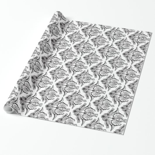Elegant Black & White Floral Damaskers Cadeaupapier (Uitgerold)