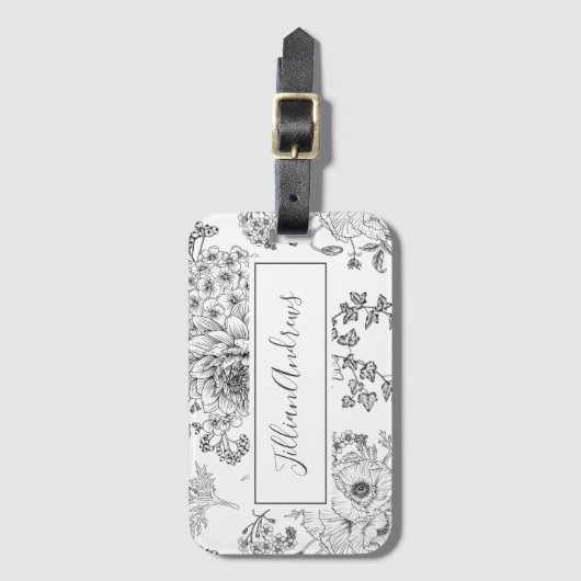 Elegant Black White Floral Design Name Script Bagagelabel (Voorkant (verticaal))