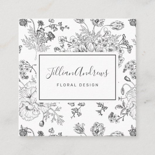 Elegant Black White Floral Design Professional Vierkante Visitekaartje (Voorkant)