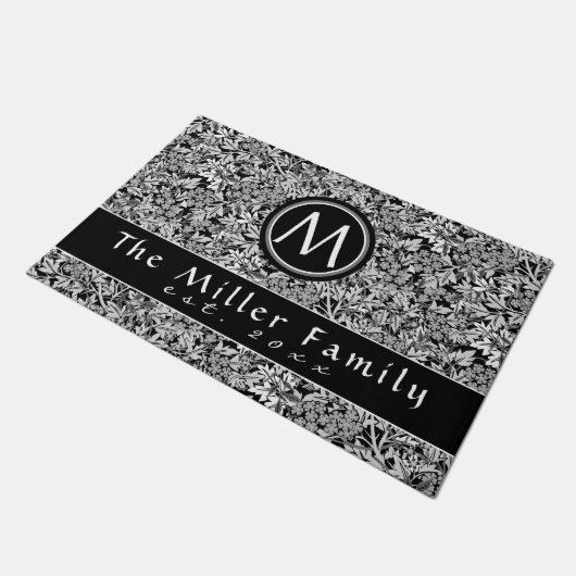 Elegant Black & White Floral | Familienaam en datu Deurmat (Schuin)